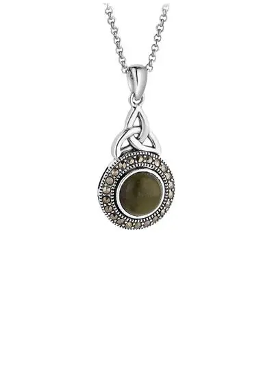 Sterling Silver & Connemara Marble Trinity Knot Pendant with Marcasite 